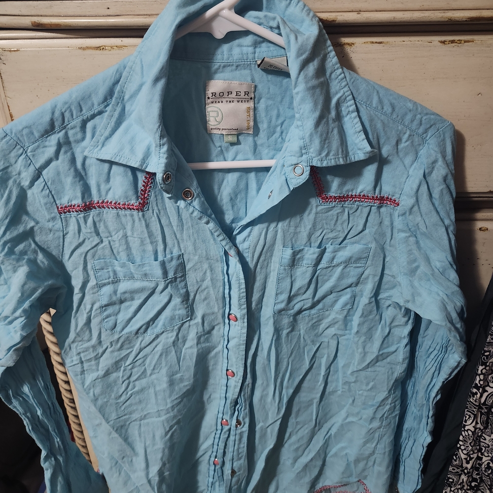 Roper Women's Light Blue Button Down Shirt with Red Stitching